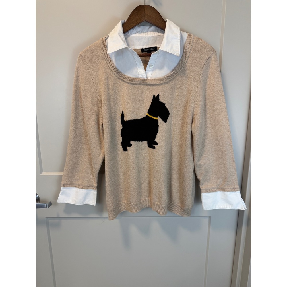 Beige Scotty Scottish Terrier Dog Sweater with Collar & Cuffs‎ Size L Notations